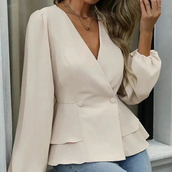 Khaki Elegant Women's V-Neck Double-Breasted Wrap Long Sleeve Blouse - Picture 7 of 7